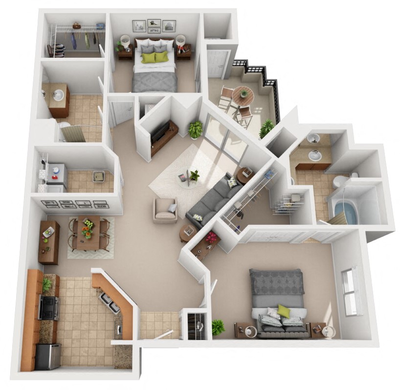 Floor plan for 2 beds, 2 baths, 1029 sqft